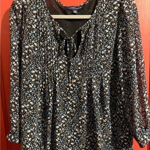 Tommy Hilfiger Black and Blue Floral Blouse with tiny whimsical details. Tiny